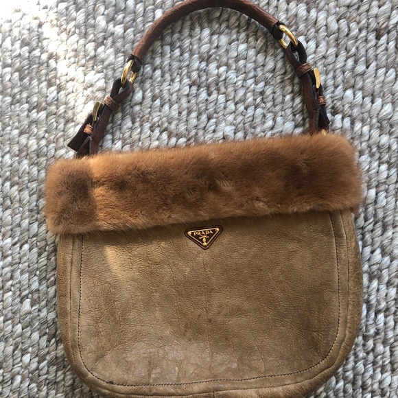 PRADA Crocodile & Mink-Trimmed Montone Visone Hobo - Picture 4 of 7